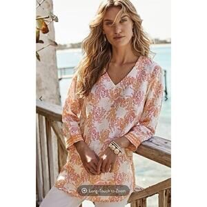 J. JILL Women's L Coral Reef Embroidered Tunic Top Linen Orange Cream Beachy